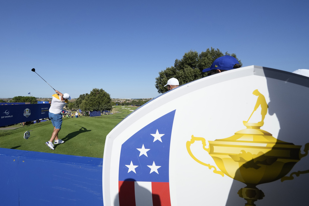 Europe's Sepp Straka plays his tee shot on the 2nd hole during a practice round ahead of the Ryder Cup at the Marco Simone Golf Club in Guidonia Montecelio, Italy, Tuesday, Sept. 26, 2023. The Ryder Cup starts Sept. 29, at the Marco Simone Golf Club. (AP Photo/Andrew Medichini)