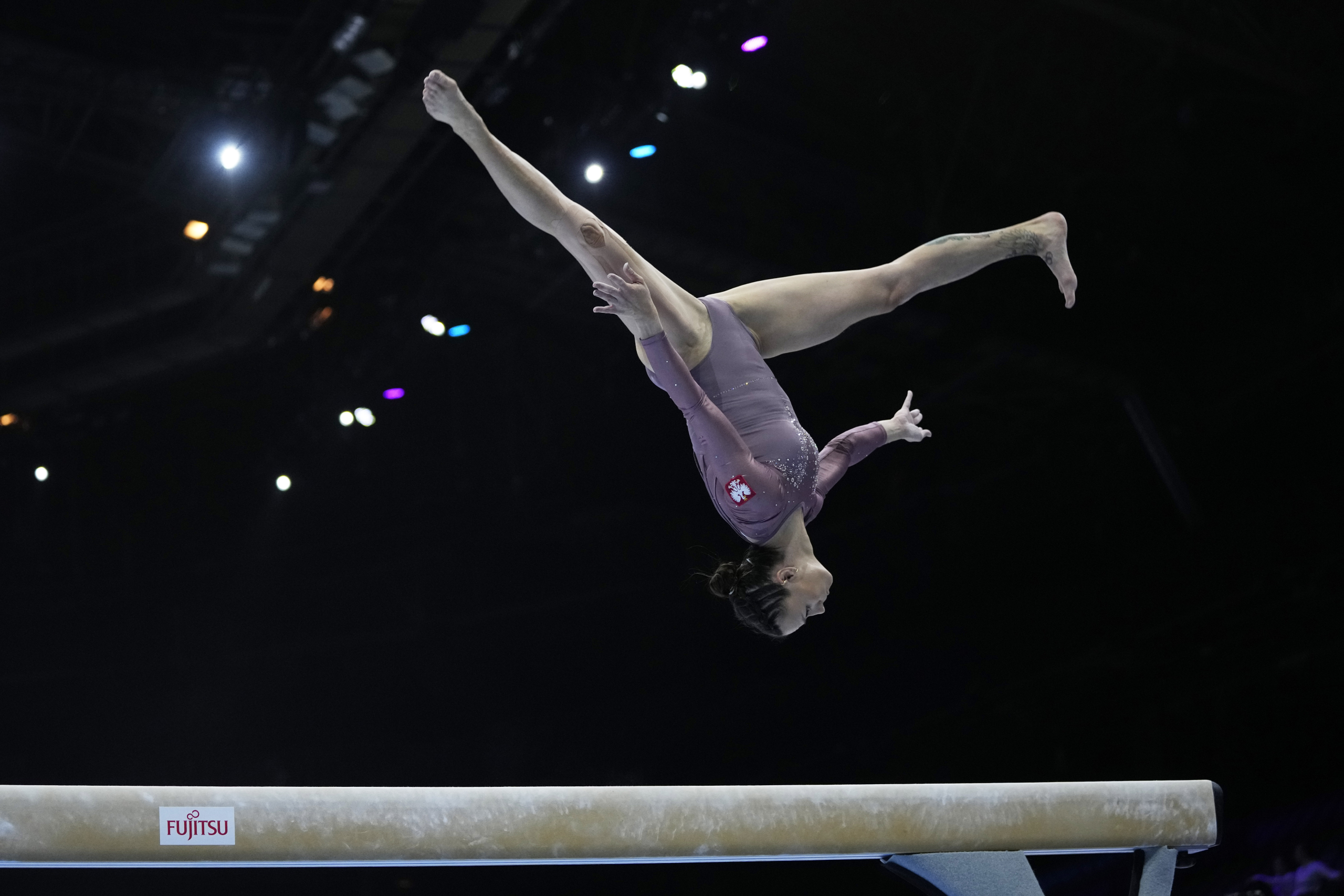Poland's Marta Pihan-Kulesza practices on the balance beam during podium training at the Artistic Gymnastics World Championships in Antwerp, Belgium, Thursday, Sept. 28, 2023. The event will take place until Sunday, Oct. 8. (AP Photo/Virginia Mayo)