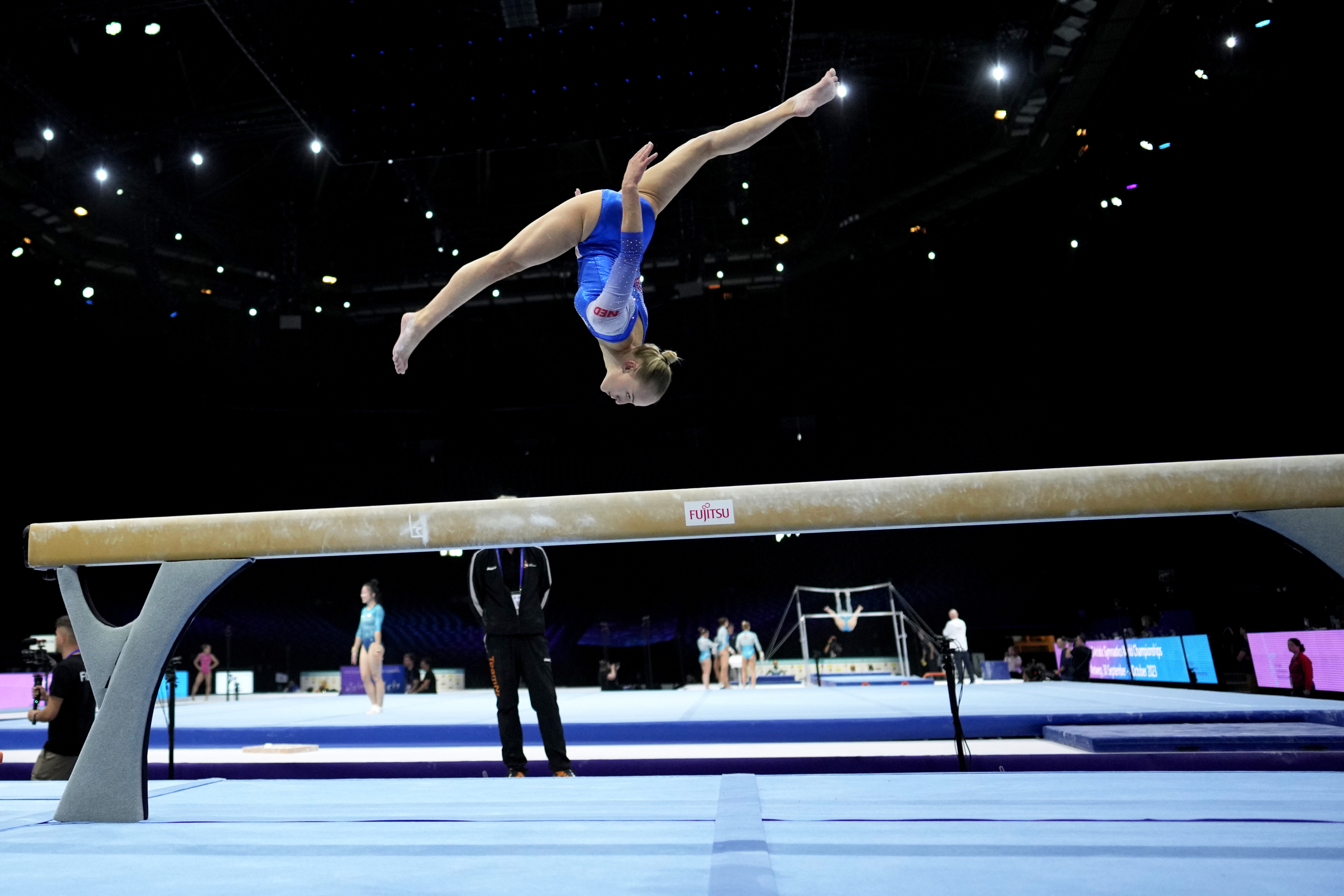 Netherland's Sanne Wevers practices on the balance beam during podium training at the Artistic Gymnastics World Championships in Antwerp, Belgium, Thursday, Sept. 28, 2023. The event will take place until Sunday, Oct. 8. (AP Photo/Virginia Mayo)