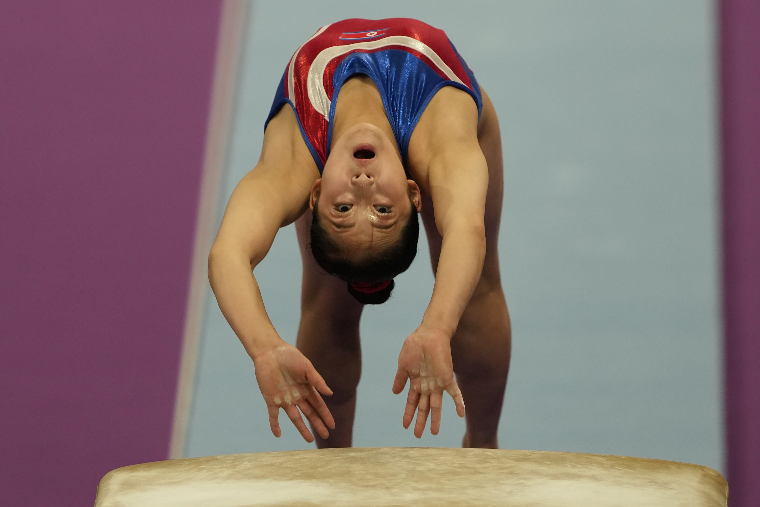 North Korea's An Changok competes on her way the gold medal for the Artistic Gymnastics Women's Vault event of the 19th Asian Games in Hangzhou, China, Thursday, Sept. 28, 2023. (AP Photo/Ng Han Guan)