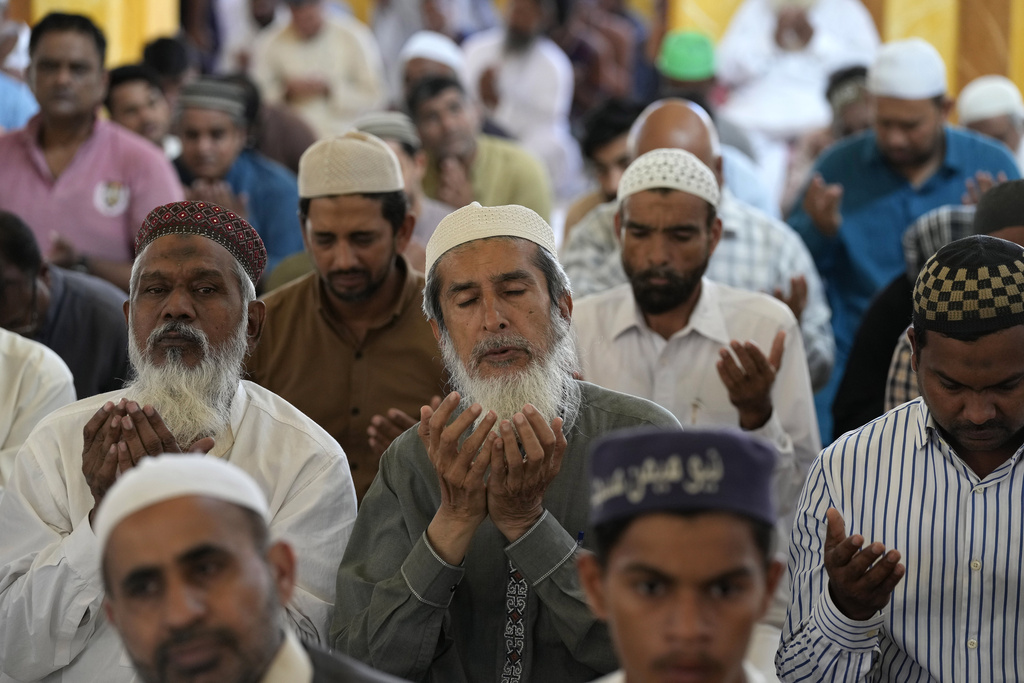 Pakistani Muslims attend Friday prayer at Memon Mosque, in Karachi, Pakistan, Friday, Oct. 13, 2023. In Muslim communities across the world, worshippers gathered at mosques for their first Friday prayers since Hamas militants attacked Israel, igniting the latest Israel-Hamas war. People prayed for a Palestinian victory and clerics used their sermons to motivate worshippers to keep Palestinians in their prayers even if they couldn't join the fight against Israel. (AP Photo/Fareed Khan)