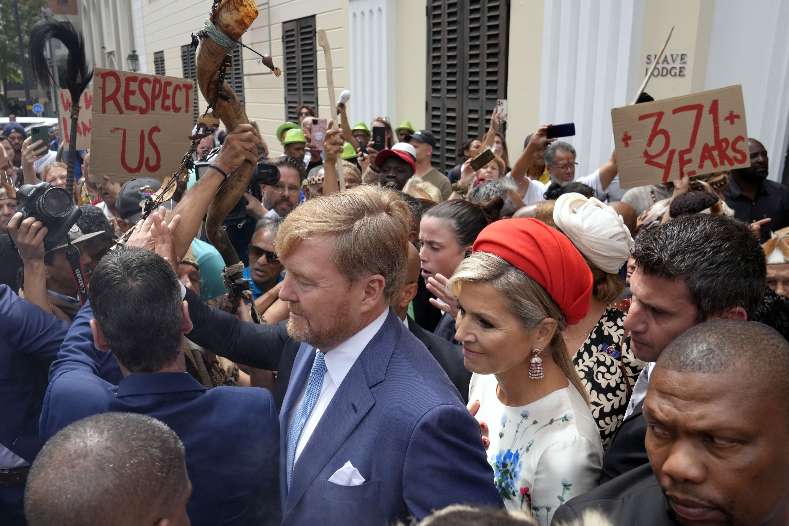 Khoisan protesters surround King Willem Alexander and Queen Maxima of the Netherlands at the Iziko Slave Lodge museum in Cape Town during their state visit to South Africa Friday, Oct. 20, 2023. The king and queen of the Netherlands were confronted by angry protesters in South Africa on a visit Friday to a monument that traces part of their country's involvement in slavery as a colonial power 300 years ago. (AP Photo/Nardus Engelbrecht)


Associated Press/LaPresse
Only Italy and Spain