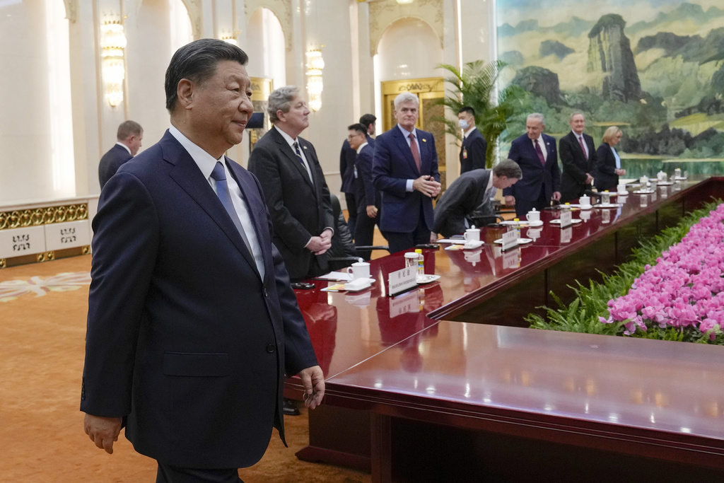 FILE - Chinese President Xi Jinping arrives to a bilateral meeting with U.S. Senate Majority Leader Chuck Schumer, D-N.Y., and his delegations at the Great Hall of the People in Beijing on Oct. 9, 2023. (AP Photo/Andy Wong, Pool, File)