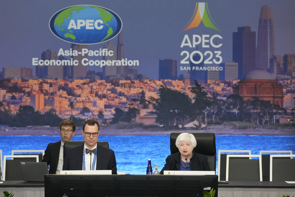 Treasury Secretary Janet Yellen, right, delivers opening remarks next to economist Jerrod Mason during a finance ministers meeting, as part of the APEC Summit, Monday, Nov. 13, 2023, in San Francisco. (AP Photo/Eric Risberg)