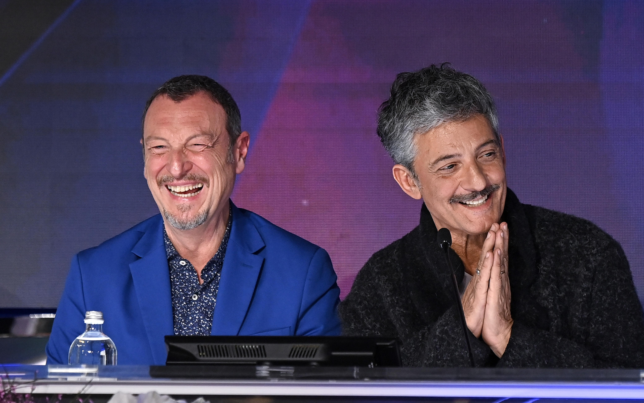 Sanremo Festival host and artistic director Amadeus (L) with Italian showman Rosario Fiorello (R) during a press conference at the 74th Sanremo Italian Song Festival, Sanremo, Italy, 05 February 2024. The festival runs from 06 to 10 February 2024. ANSA/RICCARDO ANTIMIANI