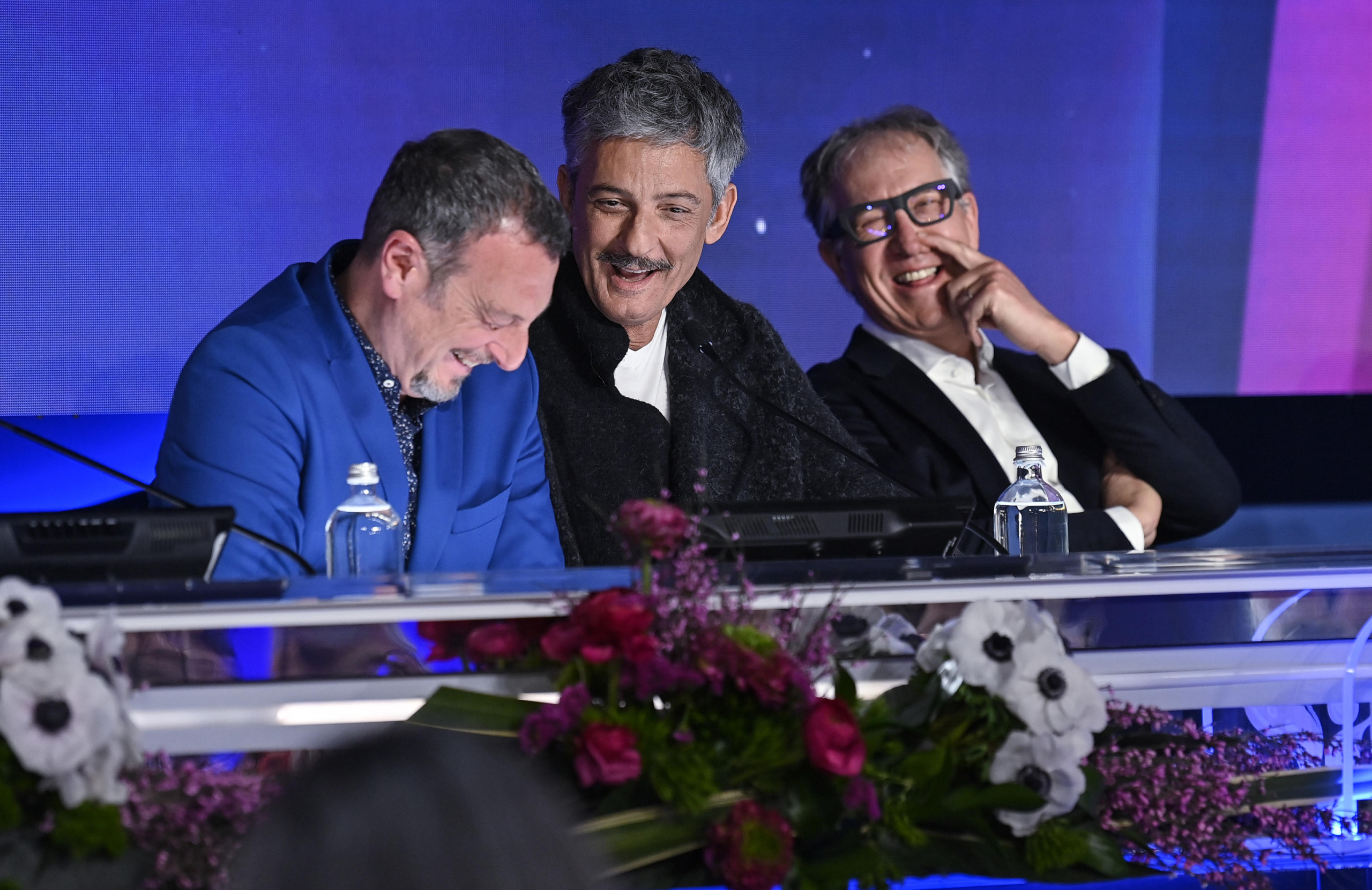 Sanremo Festival host and artistic director Amadeus (L) with Italian showman Rosario Fiorello (C) and Alberto Biancheri (R), mayor of Sanremo, during a press conference at the 74th Sanremo Italian Song Festival, Sanremo, Italy, 05 February 2024. The festival runs from 06 to 10 February 2024. ANSA/RICCARDO ANTIMIANI