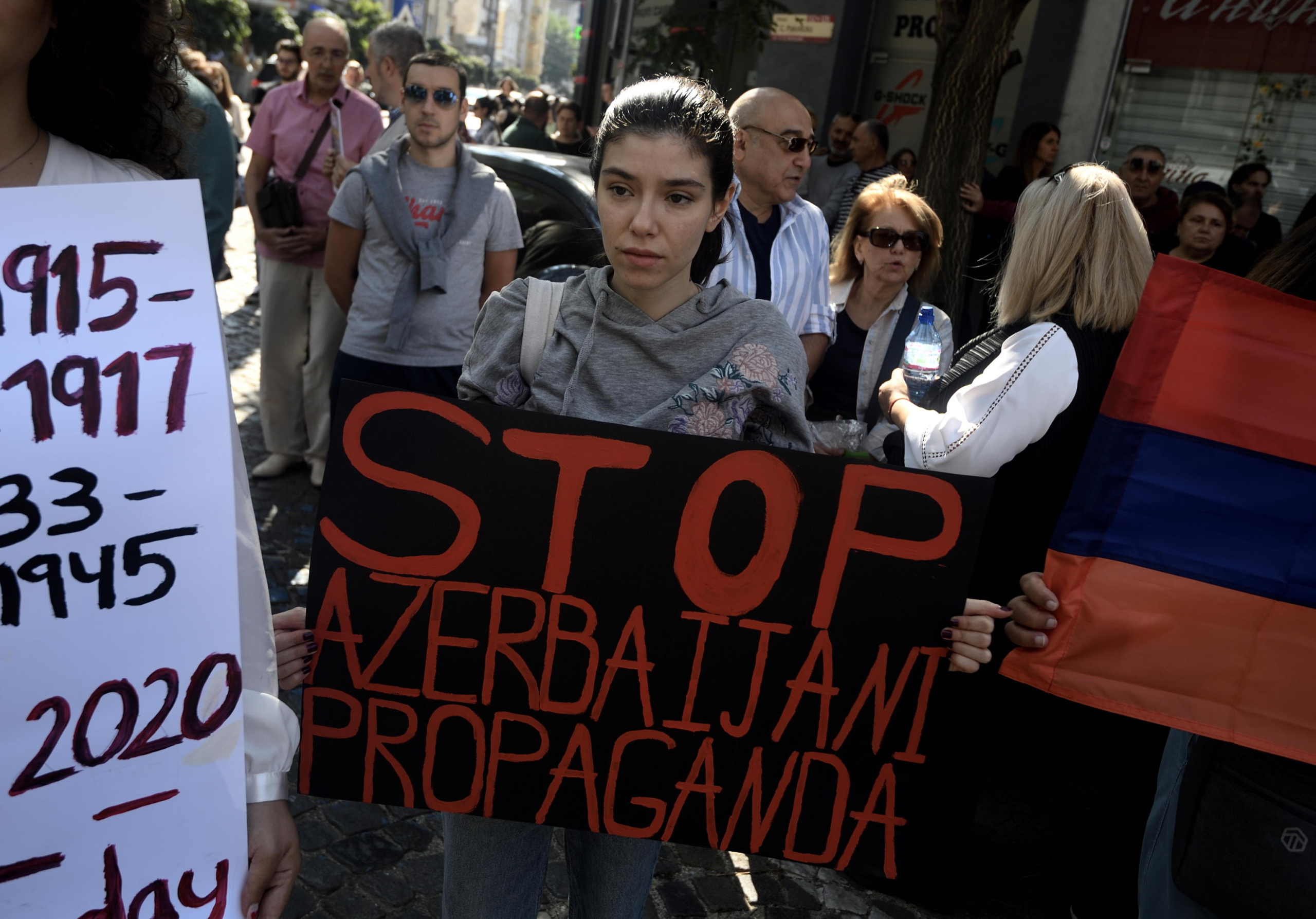 epa10893664 An Armenian holds a poster during a protest against the emptying of Nagorno-Karabakh of ethnic Armenians in front of the building of the European Commission in in Sofia, Bulgaria, 01 October 2023. Azerbaijan on 19 September 2023 launched a brief military offensive on the contested region of Nagorno-Karabakh, a breakaway enclave that is home to some 120,000 ethnic Armenians. Following a ceasefire agreed on 20 September 2023, Azerbaijan opened all checkpoints with Armenia for the unimpeded exit of civilians from the disputed territory. The Armenian government announced the evacuation of more than 100,000 local residents from Nagorno-Karabakh, and a humanitarian center has been set up in the village of Kornidzor near the so-called Lachin corridor, the main route between Armenia and the breakaway region.  EPA/VASSIL DONEV