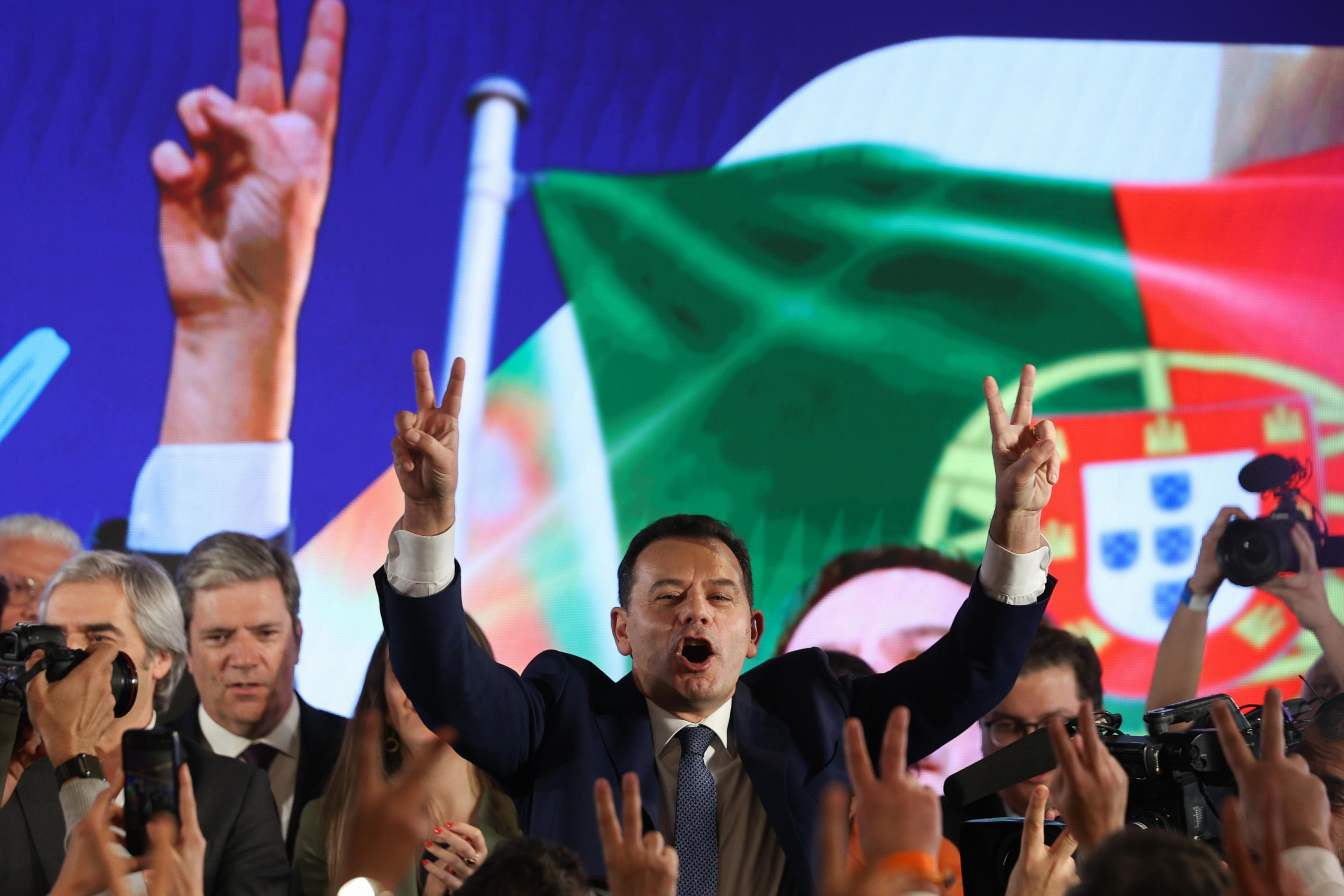 epa11213213 The leader of the Democratic Alliance (AD) coalition and President of the Social Democratic Party (PSD) Luis Montenegro during the victory speech during the election night of the legislative elections 2024 at Party headquarters in Lisbon, Portugal, 11 March 2024. More than 10.8 million Portuguese are expected to vote to elect 230 deputies to the Portuguese Parliament. Eighteen political forces (15 parties and three coalitions) are running in these elections.  EPA/TIAGO PETINGA