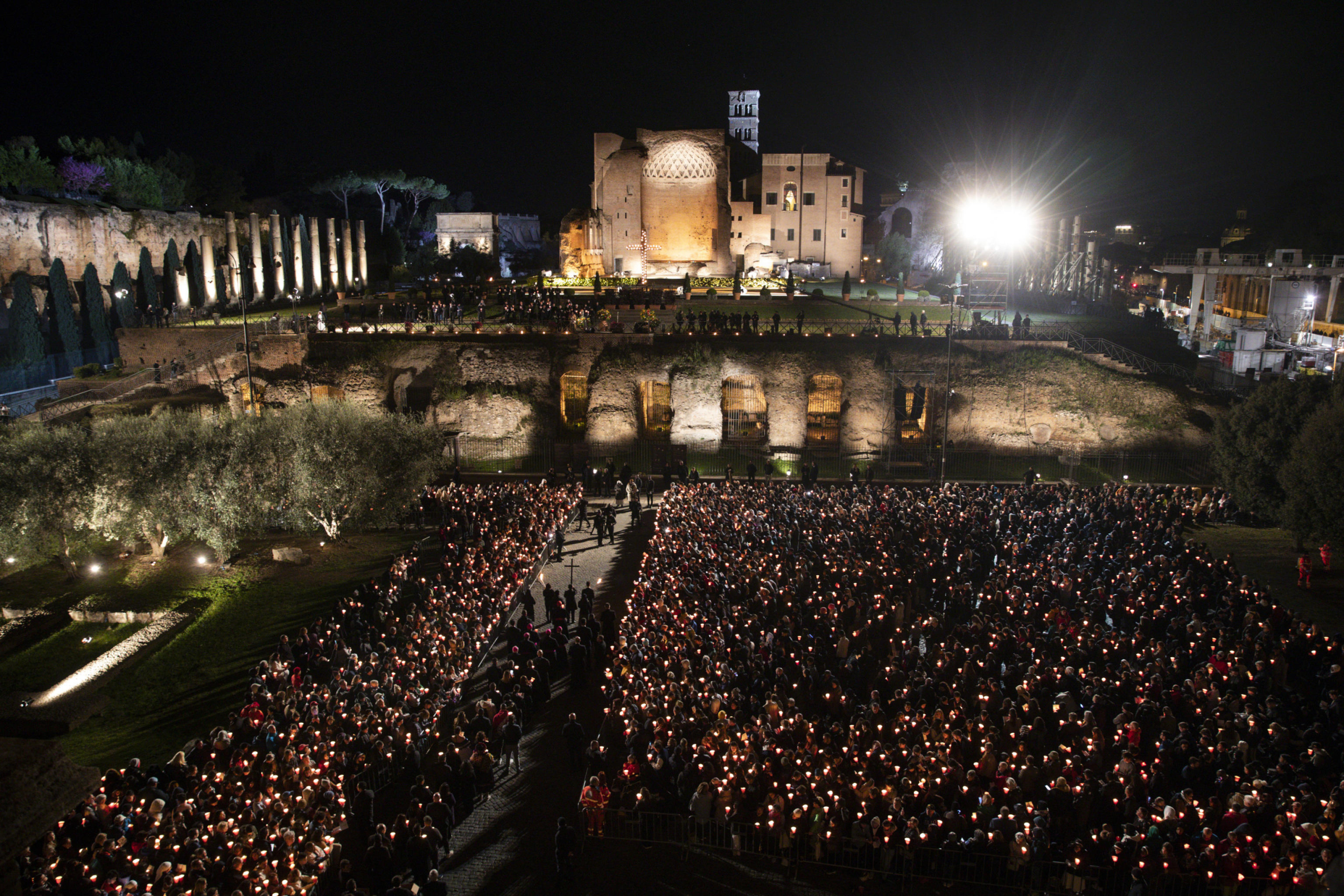 A moment of the Via Crucis - Way of the Cross torchlight procession on Good Friday in front of Colosseum in Rome, Italy, 07 April 2023.. ANSA/ANGELO CARCONI