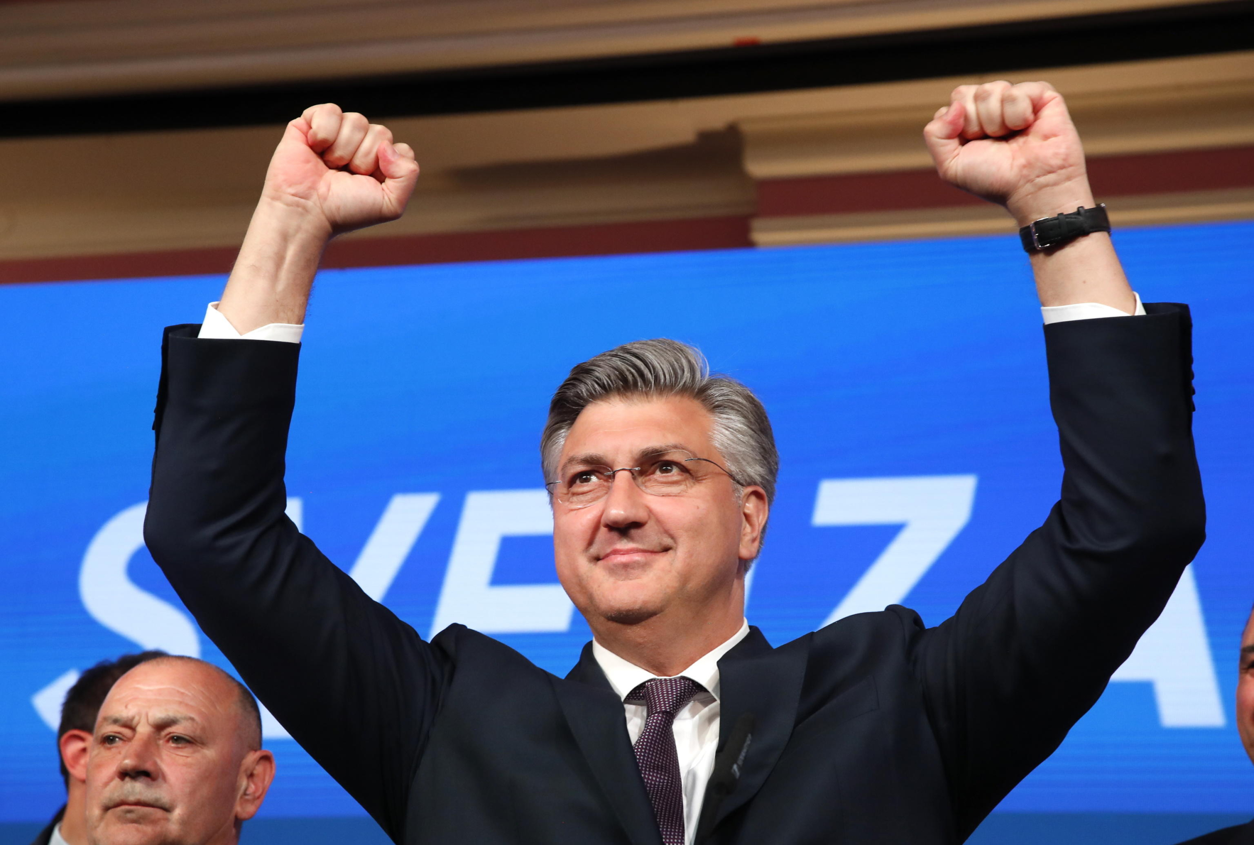 epa11285651 Croatian Prime Minister Andrej Plenkovic from the Croatian Democratic Union (HDZ) reacts to his victory during the Parliamentary elections, at their head quaters in Zagreb, Croatia, 17 April 2024. Voters in the country are casting their ballots to elect 151 members of Sabor, the Parliament of Croatia.  EPA/ANTONIO BAT