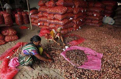 Venditrice di cipolle in India