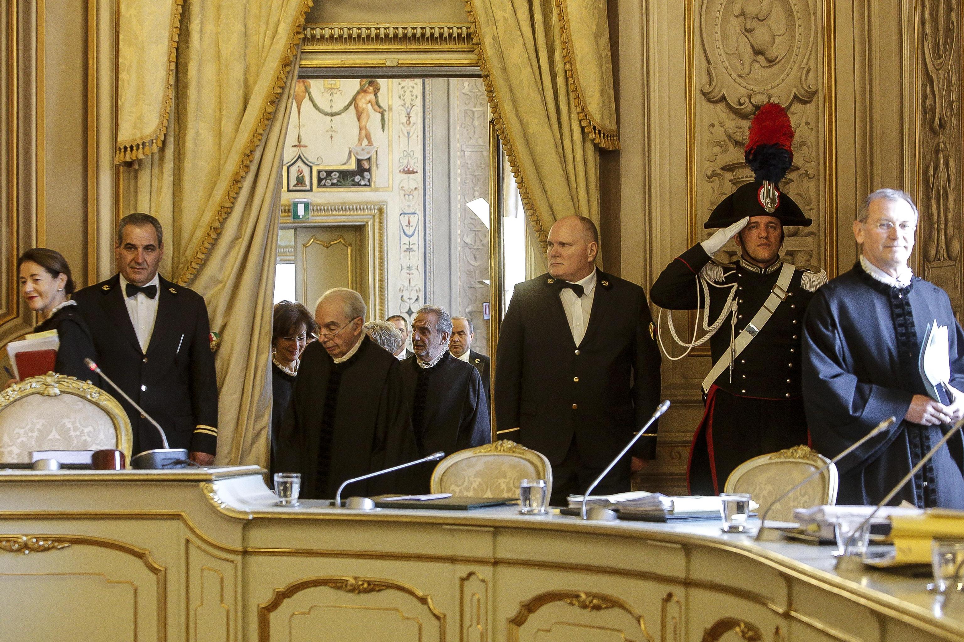 Un momento nell'aula della Corte Costituzionale durante la discussione su questioni di legittimità costituzionale dell' ''Italicum''. Roma 24 gennaio 2017, ANSA/GIUSEPPE LAMI