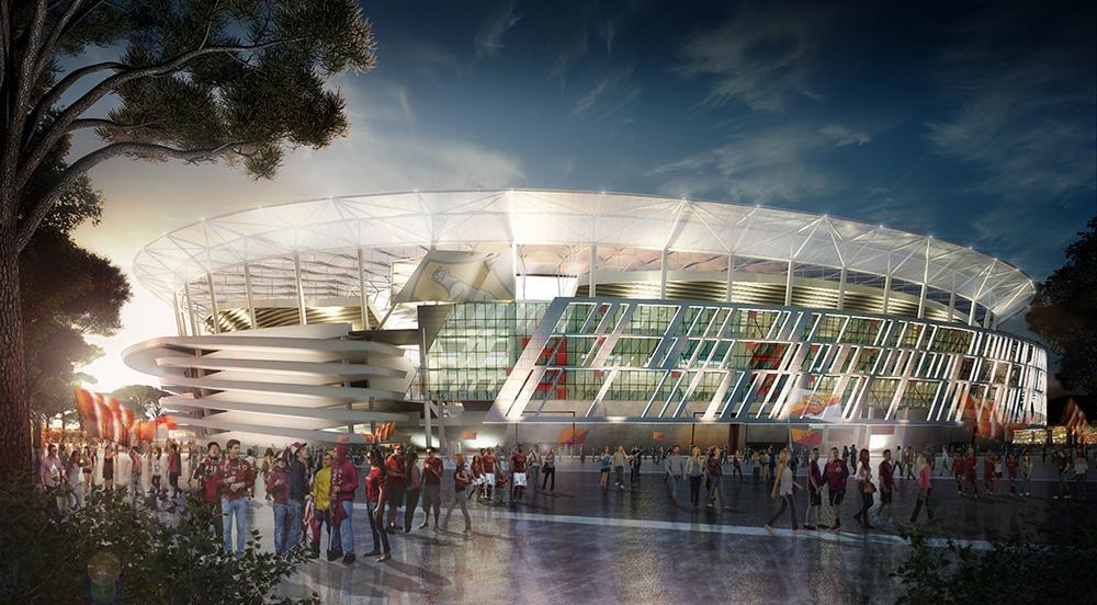 Un rendering del progetto dello stadio a Tor di Valle dove dovrebbe sorgere il nuovo impianto dell'AS Roma, 15 giugno 2015. ANSA/RONNY GASBARRI