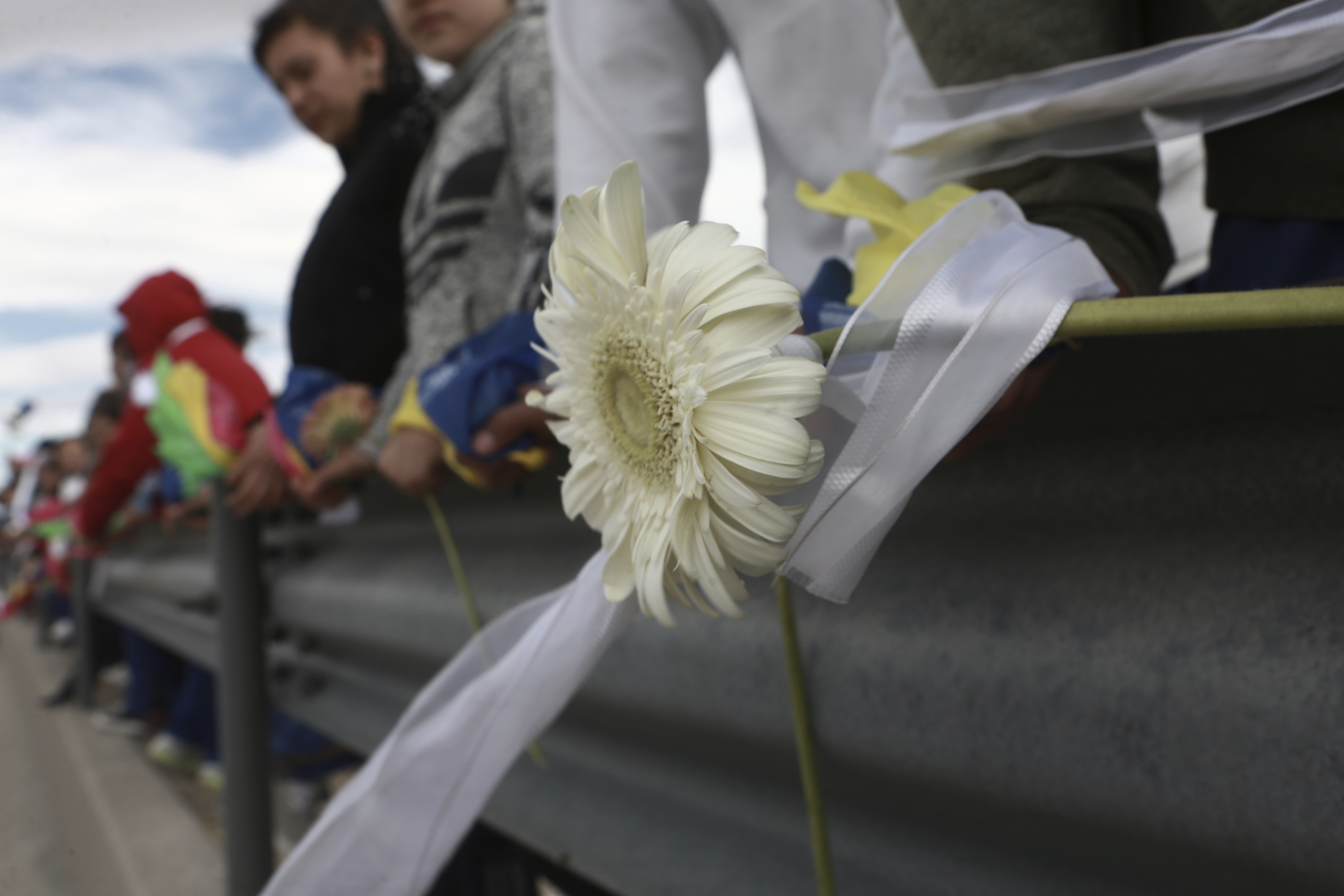 A flower sits on a guard rail as people form a symbolic human wall along the Rio Grande, which marks the border between Mexico and the U.S. in Ciudad Juarez, Friday, Feb. 17, 2017. Responding to plans by President Donald Trump to build a wall along the length of the U.S.-Mexico border, more than a thousand people lined the Mexican bank of the Rio Grande in Ciudad Juarez Friday, holding hands and carrying flowers.(AP Photo/Christian Torres)