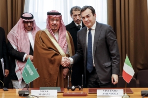 Saudi Arabia's Minister of State for Foreign Affairs, Nizar bin Obaid Madani (L), and Italy's Undersecretary of State of Foreign Affairs and International Cooperation, Vincenzo Amendola (R), shake hands as they attend the 'Italy-Saudi Arabia business forum' at Farnesina Palace in Rome, Italy, 04 December 2017. ANSA/GIUSEPPE LAMI