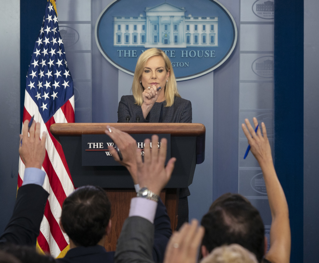 United States Secretary of Homeland Security Kirstjen Nielsen holds a news briefing at the White House