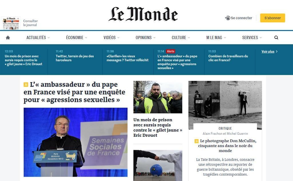 Lo screenshot del sito di 'Le Monde' con la notizia dell'inchiesta sul nunzio apostolico in Francia.