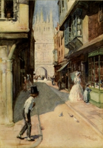Illustrazione della cittadina di Canterbury, come descritta nel romanzo “David Copperﬁeld”.