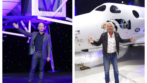 This combination of 2019 and 2016 file photos shows Jeff Bezos with a model of Blue Origin's Blue Moon lunar lander in Washington, left, and Richard Branson with Virgin Galactic's SpaceShipTwo space tourism rocket in Mojave, Calif. The two billionaires are putting everything on the line in July 2021 to ride their own rockets into space. (AP Photo/Patrick Semansky, Mark J. Terrill)