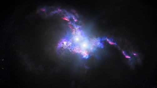 This artist's conception shows the brilliant light of two quasars residing in the cores of two galaxies that are in the chaotic process of merging. - IMAGE: NASA, ESA, Joseph Olmsted (STScI)