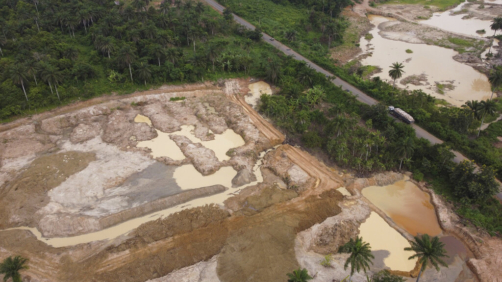 An aerial shot of Illegal mining site in Osogbo, Nigeria, on Tuesday , May 31, 2022. The Chief Priest of Osun Sacred rivers, Osunyemi Ifarinu, said due to illegal mining the Sacred water has been polluted and does not advise worshipers to drink it (AP Photo/Lekan Oyekanmi)