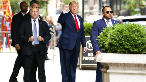 Former President Donald Trump gestures as he departs Trump Tower, Wednesday, Aug. 10, 2022, in New York, on his way to the New York attorney general's office for a deposition in a civil investigation. (AP Photo/Julia Nikhinson)