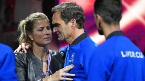 An emotional Roger Federer of Team Europe is embraced by his wife Mirka after playing with Rafael Nadal in a Laver Cup doubles match against Team World's Jack Sock and Frances Tiafoe at the O2 arena in London, Friday, Sept. 23, 2022. Federer's losing doubles match with Nadal marked the end of an illustrious career that included 20 Grand Slam titles and a role as a statesman for tennis. (AP Photo/Kin Cheung)