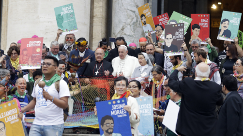 Pope Francis walks in procession on the occasion of the opening of the Amazon synod, at the Vatican, Monday, Oct. 7, 2019. Pope Francis opened a three-week meeting on preserving the rainforest and ministering to its native people as he fended off attacks from conservatives who are opposed to his ecological agenda. (AP Photo/Andrew Medichini)