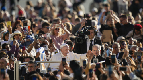 Pope Francis arrives for his weekly general audience in St. Pater's Square at The Vatican, Wednesday, Oct. 5, 2022. (AP Photo/Alessandra Tarantino)