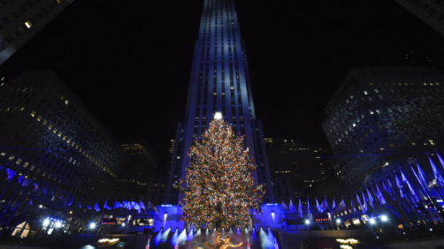 IMAGE DISTRIBUTED FOR TISHMAN SPEYER - The Rockefeller Center Christmas Tree stands lit during the Rockefeller Center Christmas tree lighting ceremony on Wednesday, Nov. 30, 2022 in New York. The 82-foot tall, 14-ton Norway Spruce is covered with more than 50,000 multi-colored, energy-efficient LED lights. The lit tree will be on display through mid-January 2023. (Diane Bondareff/AP Images for Tishman Speyer)
