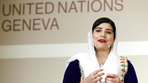 Afghanistan's Pashtana Durrani, activist for the Underground schools for girls, speaks during the Young Activists Summit - YAS22, at the European headquarters of the United Nations in Geneva, Switzerland, Friday, Dec. 2, 2022. (Salvatore Di Nolfi/Keystone via AP)