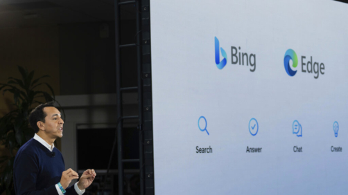 Yusuf Mehdi, Microsoft Corporate Vice President of Search speaks to members of the media about the integration of the Bing search engine and Edge browser with OpenAI on Tuesday, Feb. 7, 2023, in Redmond. Microsoft is fusing ChatGPT-like technology into its search engine Bing, transforming an internet service that now trails far behind Google into a new way of communicating with artificial intelligence.  (AP Photo/Stephen Brashear)