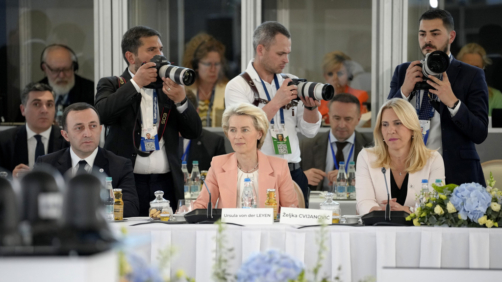 From left, Georgia's Prime Minister Irakli Garibashvili, European Commission President Ursula von der Leyen and Chair of the Presidency of Bosnia and Herzogovina Zeljka Cvijanovic attend a round table meeting during the European Political Community Summit at the Mimi Castle in Bulboaca, Moldova, Thursday, June 1, 2023. Leaders are meeting in Moldova Thursday for a summit aiming to show a united front in the face of Russia's war in Ukraine and underscore support for the Eastern European country's ambitions to draw closer to the West and keep Moscow at bay. (AP Photo/Andreea Alexandru)