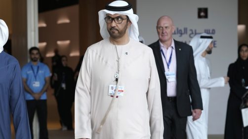 COP28 President Sultan al-Jaber walks through the venue for the COP28 U.N. Climate Summit, Wednesday, Nov. 29, 2023, in Dubai, United Arab Emirates. (AP Photo/Peter Dejong)