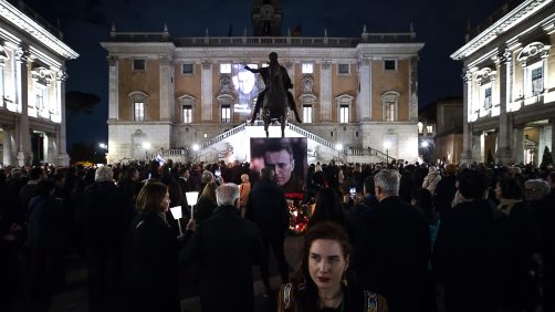Demonstrators during the torchlight procession in memory of Russian opposition leader and outspoken Kremlin critic Alexei Navalny, who died in a Arctic penal colony, the Federal Penitentiary Service of the Yamalo-Nenets Autonomous District, in Capitol Square, Rome, Italy, 19 February 2024. ANSA/ANGELO CARCONI