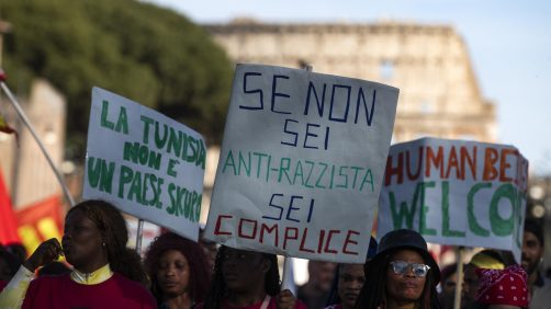 Protesters participate in the national demonstration of migrants 'Not on our skin!' against the Cutro Decree on the new rules of the Italian Government on immigration and asylum, in Rome, Italy, 28 April 2023. The 'Cutro Decree', which aims, among other proposals, to limit the special protection status, which is typically granted to asylum seekers in Italy, comes in the wake of the Cutro shipwreck that claimed the lives of least 94 migrants on 26 February. The decree is expected to be converted into law on 09 May. ANSA/ANGELO CARCONI