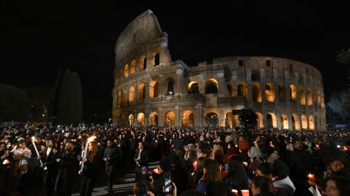 A handout picture provided by the Vatican Media shows the Via Crucis - Way of the Cross torchlight procession on Good Friday in front of Colosseum in Rome, Italy, 07 April 2023.
ANSA/VATICAN MEDIA
+++ ANSA PROVIDES ACCESS TO THIS HANDOUT PHOTO TO BE USED SOLELY TO ILLUSTRATE NEWS REPORTING OR COMMENTARY ON THE FACTS OR EVENTS DEPICTED IN THIS IMAGE; NO ARCHIVING; NO LICENSING +++ NPK +++
