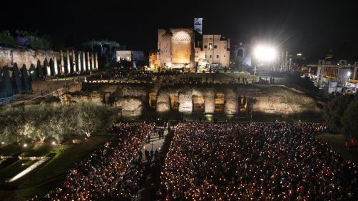 A moment of the Via Crucis - Way of the Cross torchlight procession on Good Friday in front of Colosseum in Rome, Italy, 07 April 2023.. ANSA/ANGELO CARCONI