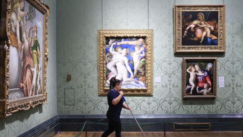 epa11328621 A cleaner sweeps under the painting 'An Allegory with Venus and Cupid' by Bronzino in the National Gallery in London, Britain, 08 May 2024 (issued 09 May 2024). On 10 May 2024 the National Gallery celebrates its Bicentenary. The National Gallery was established in 1824 with the first 38 paintings donated by banker John Julius Angerstein. The collection was initially displayed in a townhouse at 100 Pall Mall. After this became too small,  a new building was completed on Trafalgar Square in 1838 designed by the architect William Wilkins. The art collection currently comprises 2,300 works, spanning the major traditions of Western European painting with works by Van Gogh, Caravaggio, Turner, Constable, Michelangelo, Velazquez and Rembrandt. The National Gallery building welcomed over three million visitors in 2023,  which is open 361 days a year, free of charge. The National Gallery will mark the bicentenary year with 12 months of events celebrating art and creativity across the UK.  EPA/NEIL HALL  ATTENTION: This Image is part of a PHOTO SET