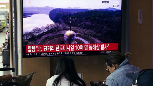 epa11378571 People watch a news segment on North Korea, at a station in Seoul, South Korea, 30 May 2024. According to South Korea's Joint Chiefs of Staff (JCS), North Korea launched several ballistic missiles into the East Sea on 30 May.  EPA/JEON HEON-KYUN