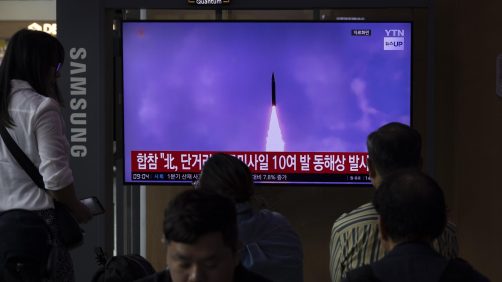 epa11378570 People watch a news segment on North Korea, at a station in Seoul, South Korea, 30 May 2024. According to South Korea's Joint Chiefs of Staff (JCS), North Korea launched several ballistic missiles into the East Sea on 30 May.  EPA/JEON HEON-KYUN